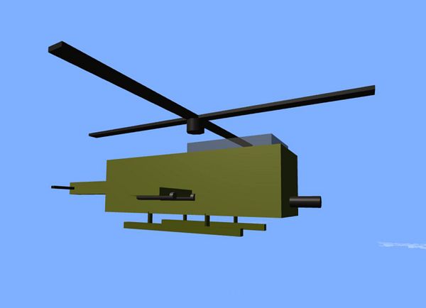 A 3D model of a military-style helicopter against a blue background.