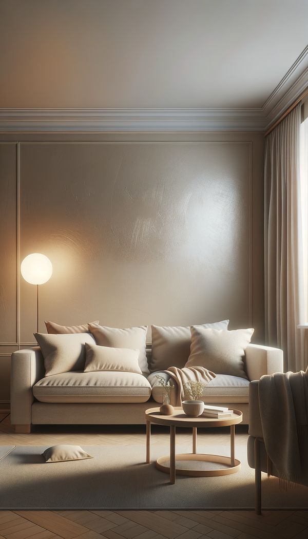 A cozy living room painted with eggshell finish, reflecting soft light, showcasing the subtle, elegant texture of the walls.