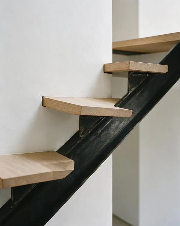 A close-up of minimalist floating stairs with light oak wood treads mounted to a black steel stringer. The stairs rise beside smooth white walls, creating a clean contrast of natural wood, dark metal, and bright neutral surfaces.