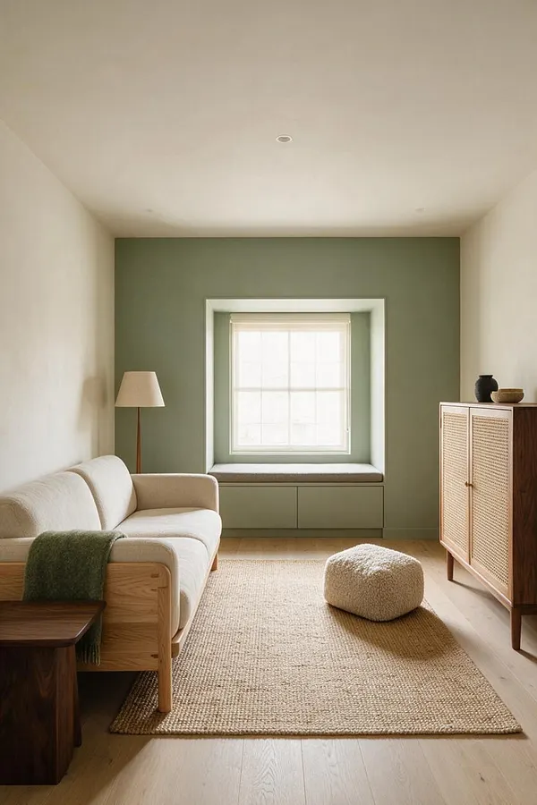 A minimalist Japandi living room with a cream sofa on the left, a sage green accent wall framing a central window seat, and light wood flooring throughout. A woven jute rug, a small textured ottoman, a floor lamp, and a rattan-front cabinet add warm natural textures.