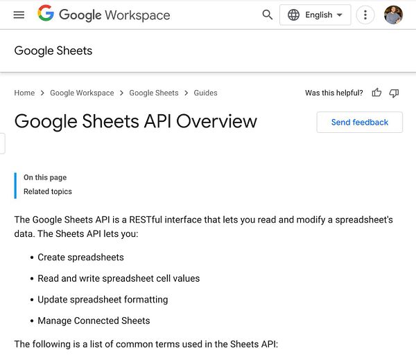 The image displays the Google Sheets API Overview page from Google Workspace.