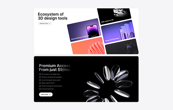 The image features a promotional layout for a 3D design toolset and premium access cards.