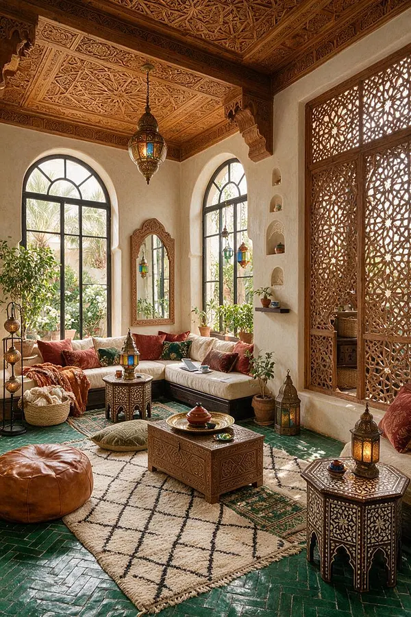 A sunroom styled in Moroccan decor features arched windows, an intricately carved wooden ceiling, and patterned lattice screens. The seating area includes cream and rust sectional cushions, layered rugs, carved tables, lanterns, and potted greenery, creating a warm, light-filled retreat.