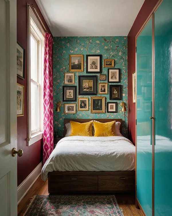 A narrow master bedroom with a wood bed centered against teal floral wallpaper, layered with a dense gallery wall of framed artwork above mustard velvet pillows and white bedding. Burgundy walls, a magenta patterned curtain, turquoise closet doors, and a muted patterned rug create a bold maximalist mix of color and texture.