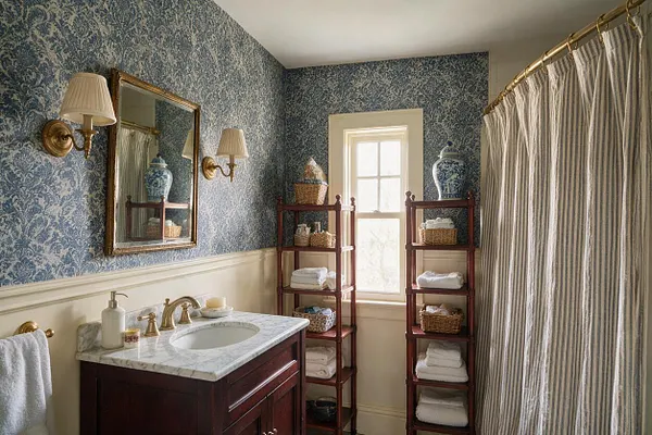A traditional master bathroom with blue patterned wallpaper above cream wainscoting, a dark wood vanity with a marble countertop, and a brass faucet beneath a framed mirror. Two wall sconces, tall narrow shelving units with wicker baskets, a frosted window, and a striped shower curtain complete the classic, cozy space.