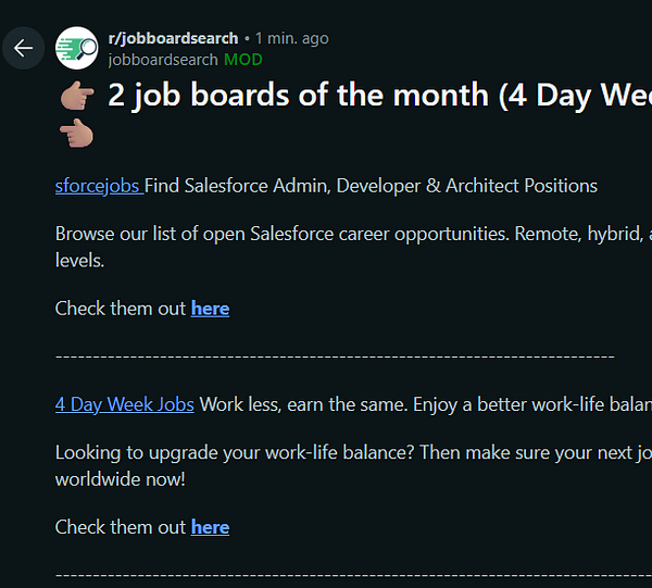 The image displays a Reddit post promoting two job boards for job seekers.