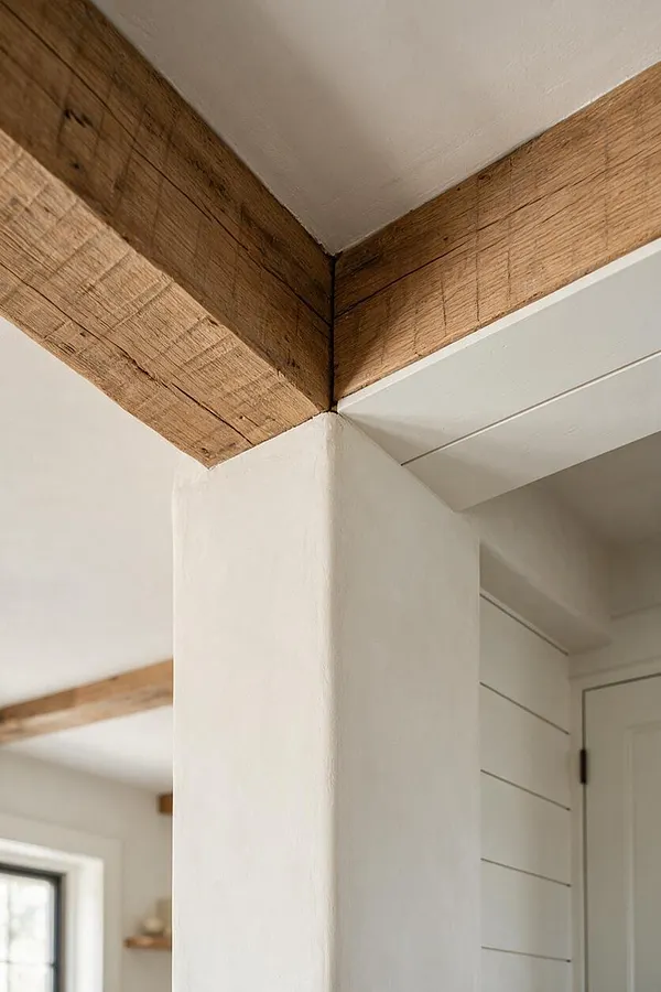 A close-up view of a farmhouse interior corner with thick reclaimed wood ceiling beams meeting above a smooth white plaster column. The warm, weathered wood contrasts with the soft white walls and ceiling, creating a rustic yet clean architectural detail.