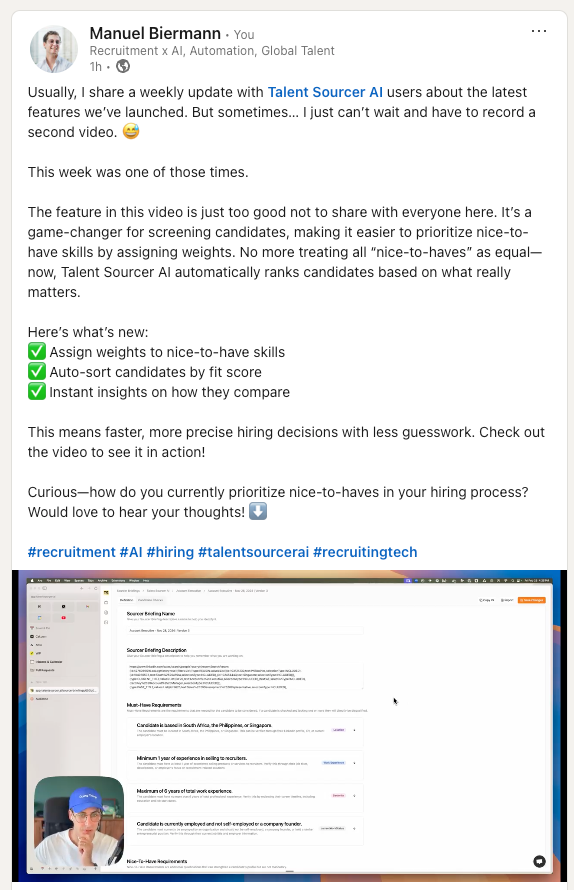 A screenshot of a video presentation featuring a user discussing new features of the Talent Sourcer AI tool.