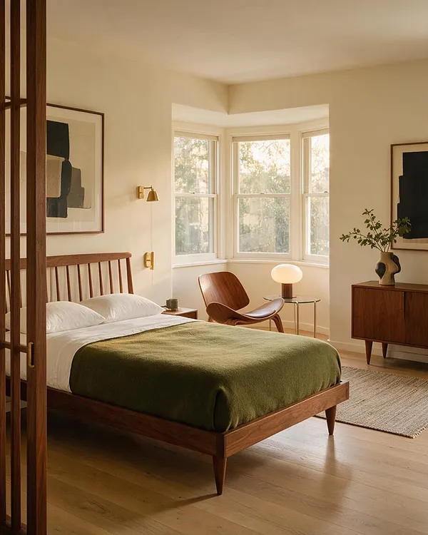 A mid-century modern guest bedroom with a walnut platform bed, white bedding, and an olive green throw centered in a bright room. A curved leather lounge chair, globe table lamp, framed abstract art, and a walnut dresser complete the calm, sunlit space.