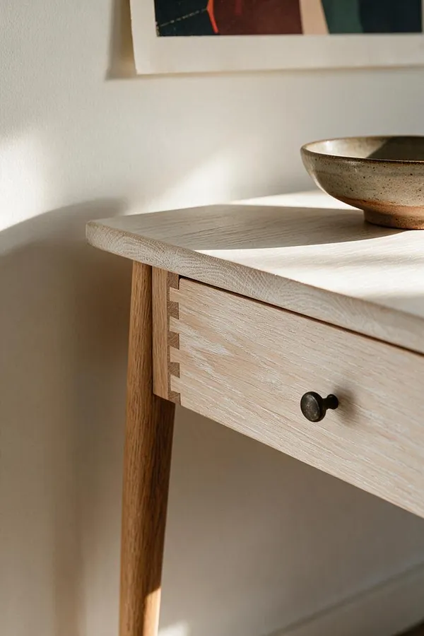 A close-up of a Scandinavian-style wooden console table with a pale oak top, visible dovetail joinery, and a dark round knob on the drawer front. A ceramic bowl sits on the sunlit surface against a warm off-white wall.