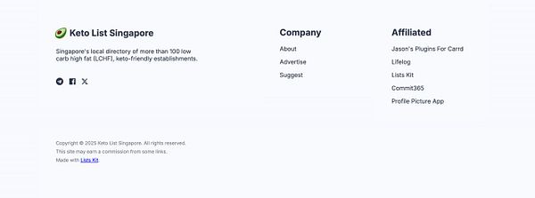 The image displays the footer section of the Keto List Singapore website.