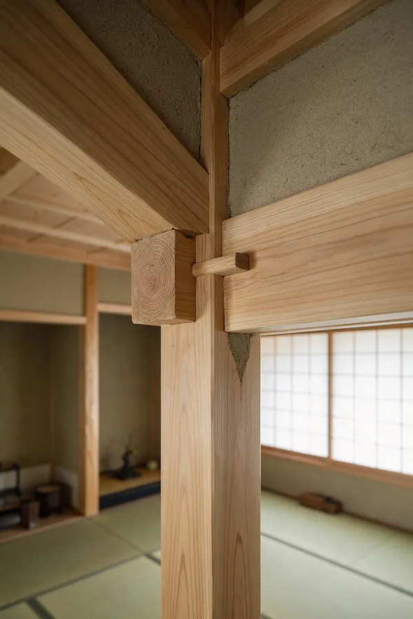 A close-up of a traditional Japanese interior showing exposed light cedar timber joinery, including a vertical post, horizontal beams, and a pegged connection detail. Soft shoji screen light, tatami flooring, and earthen wall surfaces appear in the background, creating a calm Zen atmosphere.