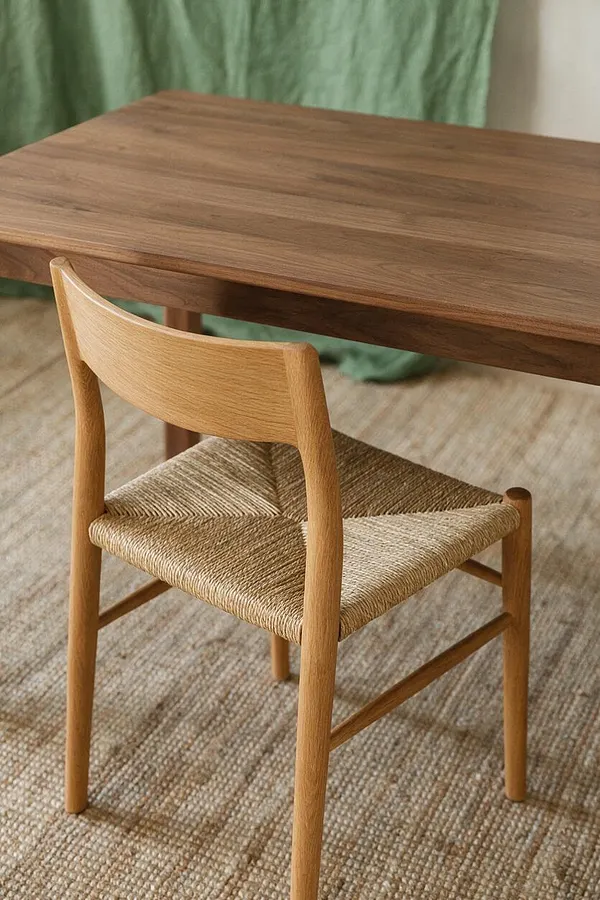 A transitional dining chair with a light oak frame and woven natural fiber seat sits beside a rectangular walnut-toned wooden table. The setting includes a textured neutral rug and a soft green drape in the background, creating a calm, organic atmosphere.