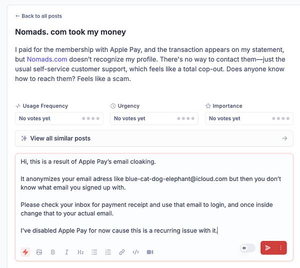 A user expresses frustration over a payment issue with Nomads.com and discusses Apple Pay's email cloaking feature.