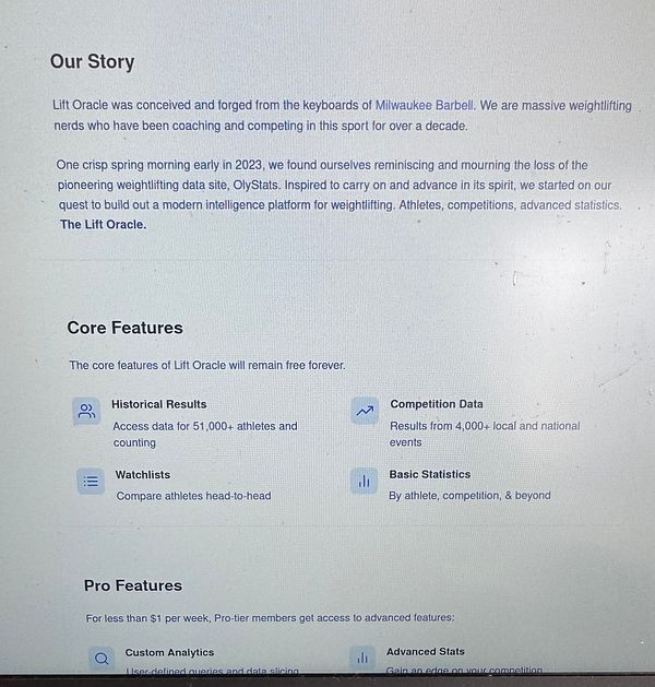 The image displays a webpage detailing the story and core features of Lift Oracle, a weightlifting intelligence platform.
