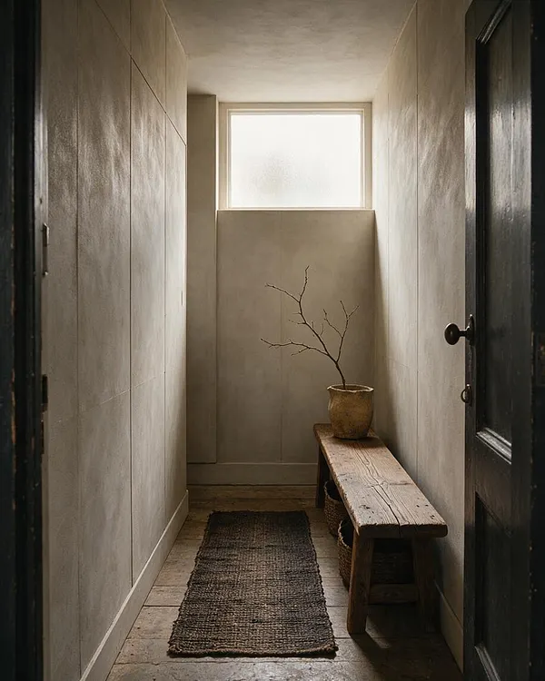 A narrow wabi-sabi entryway with plaster walls, a small frosted window, and a rustic wooden bench along one side. A textured vase with bare branches sits on the bench, and a worn woven runner lies on the floor, creating a calm, natural atmosphere.