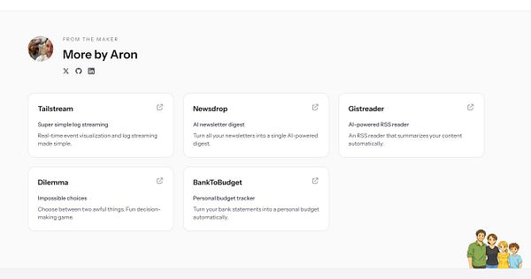 Website footer of mergehelper.com with links to other projects and social media icons.