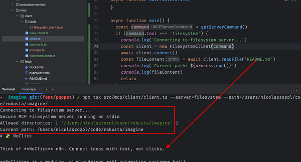 The image displays a coding environment with a terminal output and a code snippet related to connecting to a filesystem server.