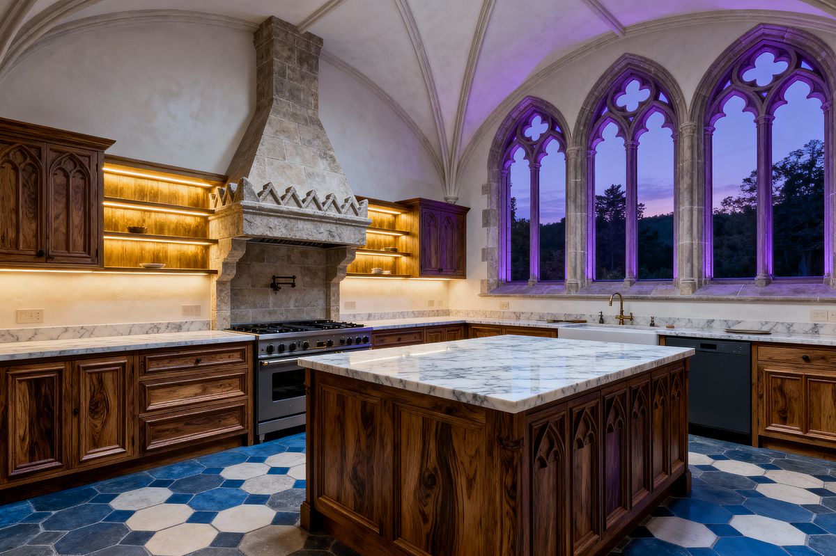 Room AI – Gothic Revival Kitchen with Tracery Windows and Marble