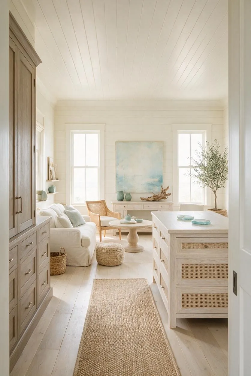 A bright coastal-style closet with white shiplap walls and ceiling, light wood floors, and built-in storage. The room includes a soft white sofa, woven ottomans and baskets, a cane-front island, a rustic wood wardrobe, and sea-inspired accents in pale blue and driftwood tones.