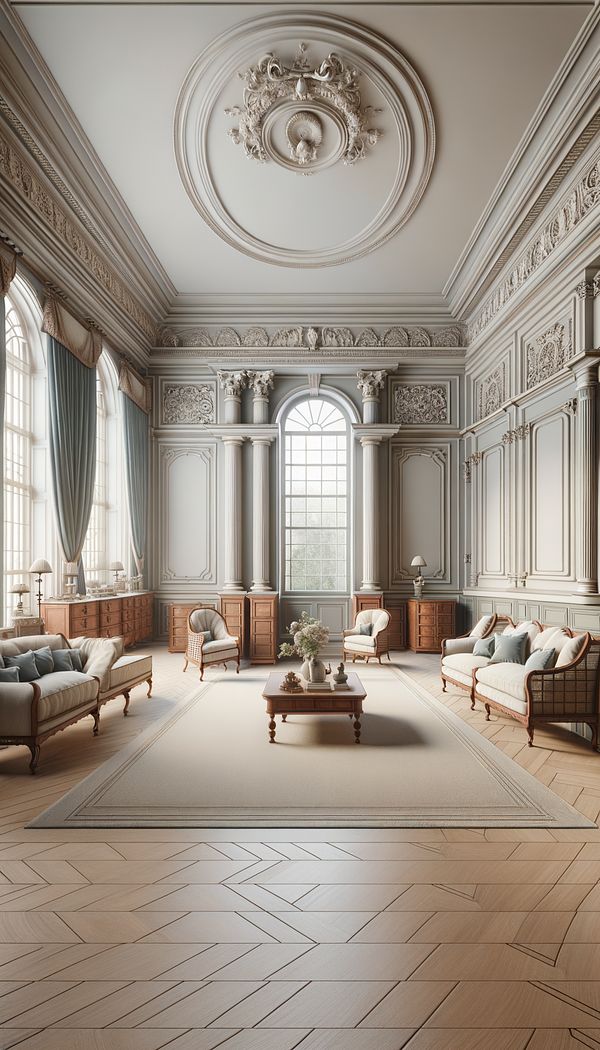 A Georgian-style living room with symmetrical layout, high ceilings, sash windows, furniture crafted from mahogany, and walls adorned with decorative plasterwork, in a palette of soft, muted colors.