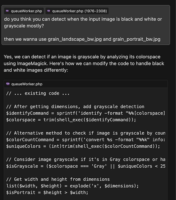The image displays a code snippet related to detecting grayscale images using PHP and ImageMagick.