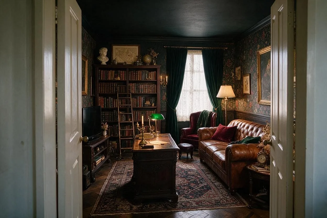 The same living room in the Dark Academia style