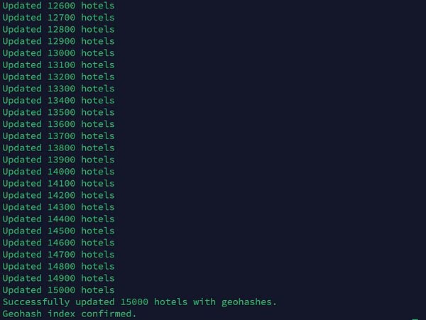 The image displays a terminal output showing the progress of updating hotel records with geohashes.