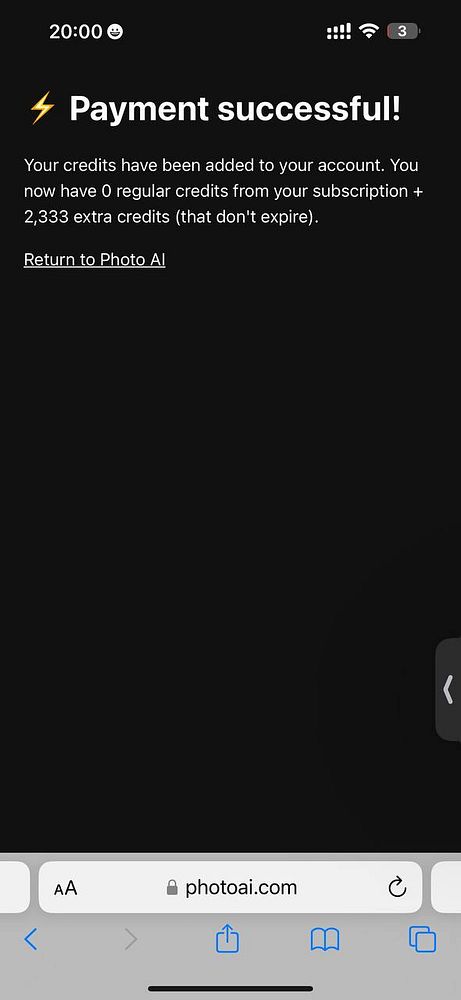 A successful payment notification for credits on a website.