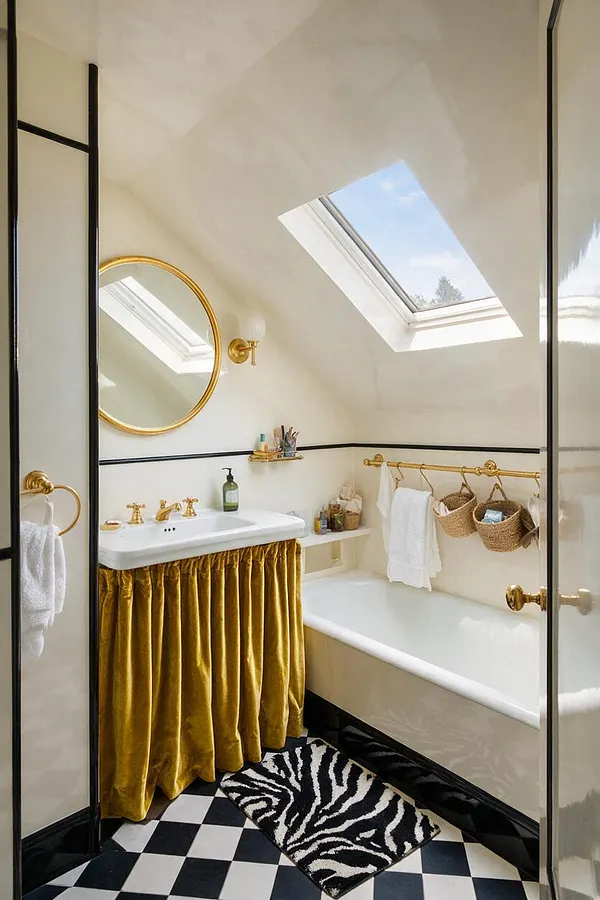 A small master bathroom with a sloped ceiling and skylight, featuring a round gold-framed mirror, brass fixtures, and a white pedestal sink concealed by a mustard velvet skirt. A white tub sits under a brass towel rail with woven baskets, while a black-and-white checkered floor and zebra rug add bold contrast.