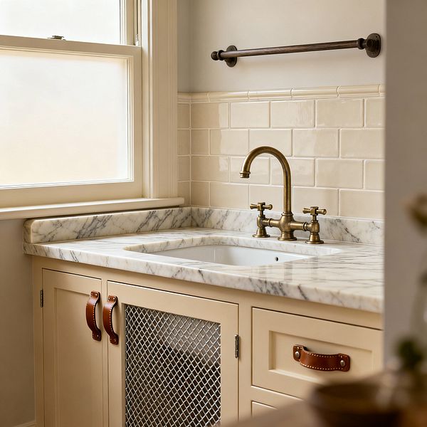 A compact laundry sink area features cream-painted Shaker cabinetry with brown leather strap pulls and a metal mesh door, topped by a white marble countertop with gray veining and an inset rectangular sink. Glossy cream subway tiles back the wall, a vintage-style brass bridge faucet with cross handles sits center stage, and natural light filters through a frosted window beside a dark towel bar, creating a warm transitional look.