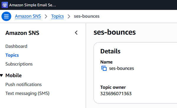 Screenshot of the AWS Simple Notification Service (SNS) console showing the 'Topic details' for the topic 'bounce-amazin'.