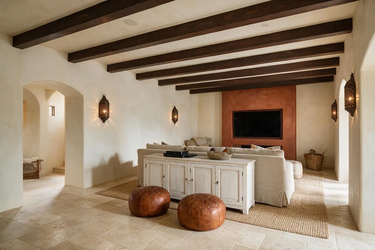 A Mediterranean-style basement lounge with white plaster walls, dark wood ceiling beams, and arched openings. A cream sectional faces a built-in TV wall with a terracotta stucco surround, while a distressed white cabinet and leather poufs add warmth over natural jute rugs.