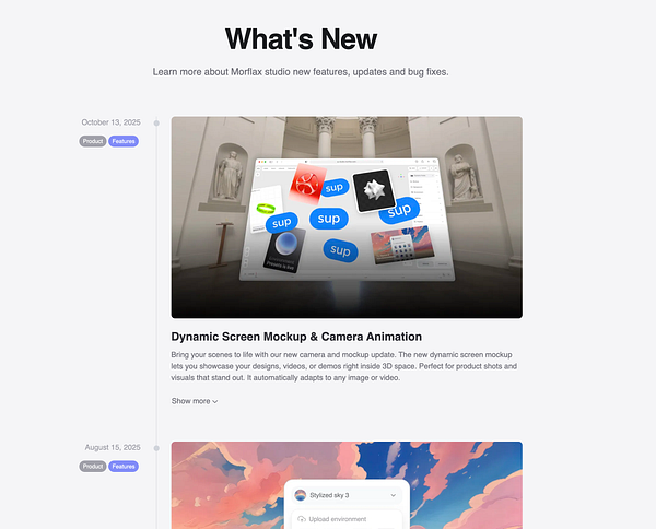 The image displays a changelog page for Morflax Studio, highlighting new features and updates.
