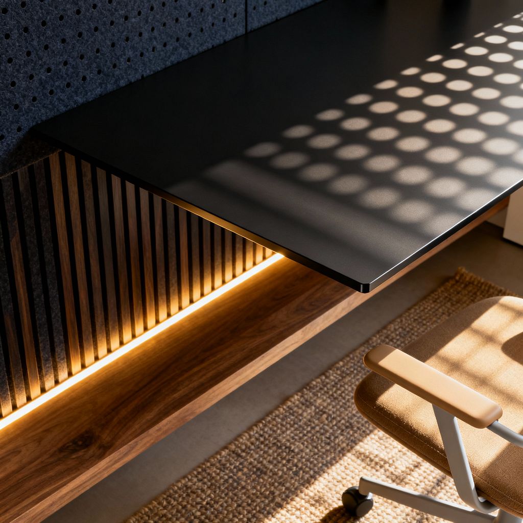 Close-up of a modern home office corner with a thin matte black desktop cantilevered above vertical walnut slats, illuminated by a warm LED strip. A charcoal felt pegboard wall provides texture, while a camel fabric task chair with light gray metal frame sits on a natural jute rug; sunlight filters through a perforated shade, casting round dots across the desk for a graphic pattern that highlights clean lines, warm wood, and restrained materials.