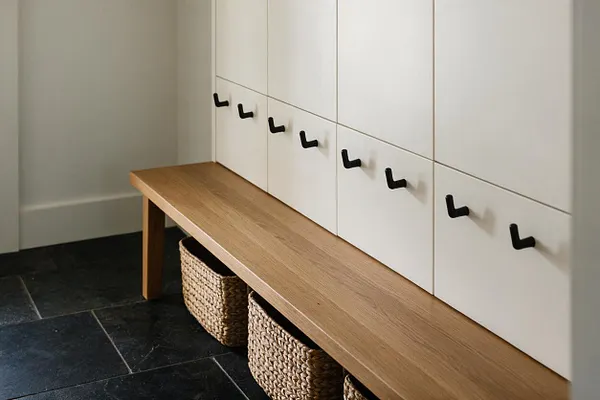 A clean transitional mudroom vignette with white built-in cabinets fitted with small black hooks above a long natural wood bench. Woven storage baskets sit underneath, and the floor is covered in dark slate tile for a grounded contrast.