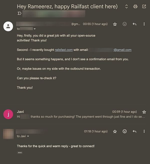 An email conversation regarding a purchase and customer support for a service called Railfast.