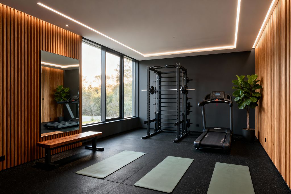A contemporary home gym with vertical slatted wood walls, charcoal painted surfaces, and black rubber flooring. Floor-to-ceiling windows with black frames face trees outside. A black steel power rack, a treadmill, a long wood bench before a full-height mirror, and three sage green mats are visible. A large potted plant sits in the corner. Linear LED strips outline the ceiling, providing even ambient light.