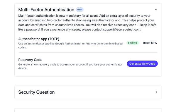 The image displays a user interface for setting up Multi-Factor Authentication (MFA) on a website platform.