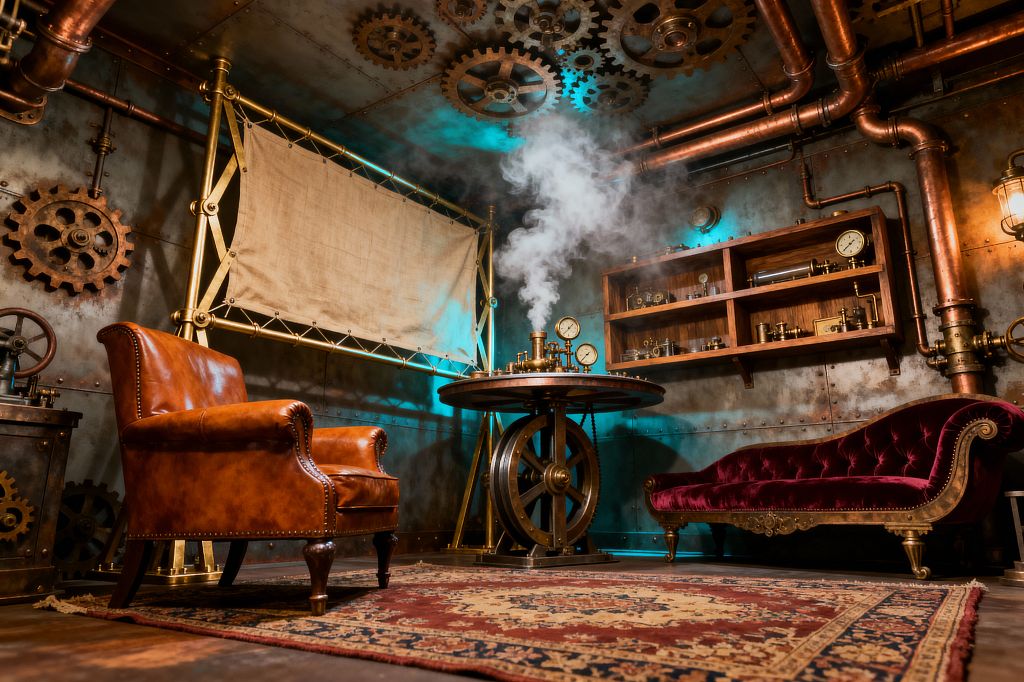 A steampunk media room features riveted metal walls and ceiling cogs threaded with exposed copper pipes, with a cognac leather armchair facing a brass-framed canvas screen and a round, wheel-based table fitted with gauges emitting steam at the center. To the right, a deep burgundy tufted chaise with gold trim sits beneath open stained-wood shelves of brass instruments and clocks, while a vintage rug, teal accent light, and cage sconces warm the industrial scene.