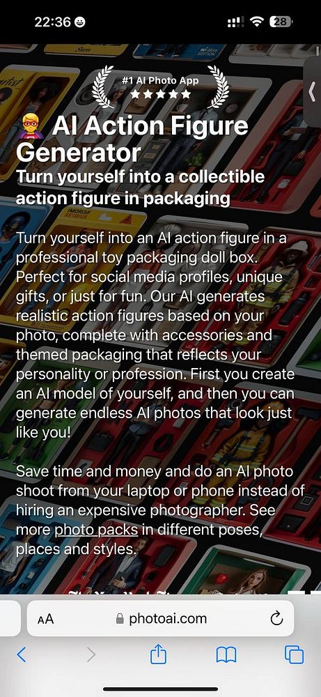 The image displays a promotional interface for an AI Action Figure Generator app.