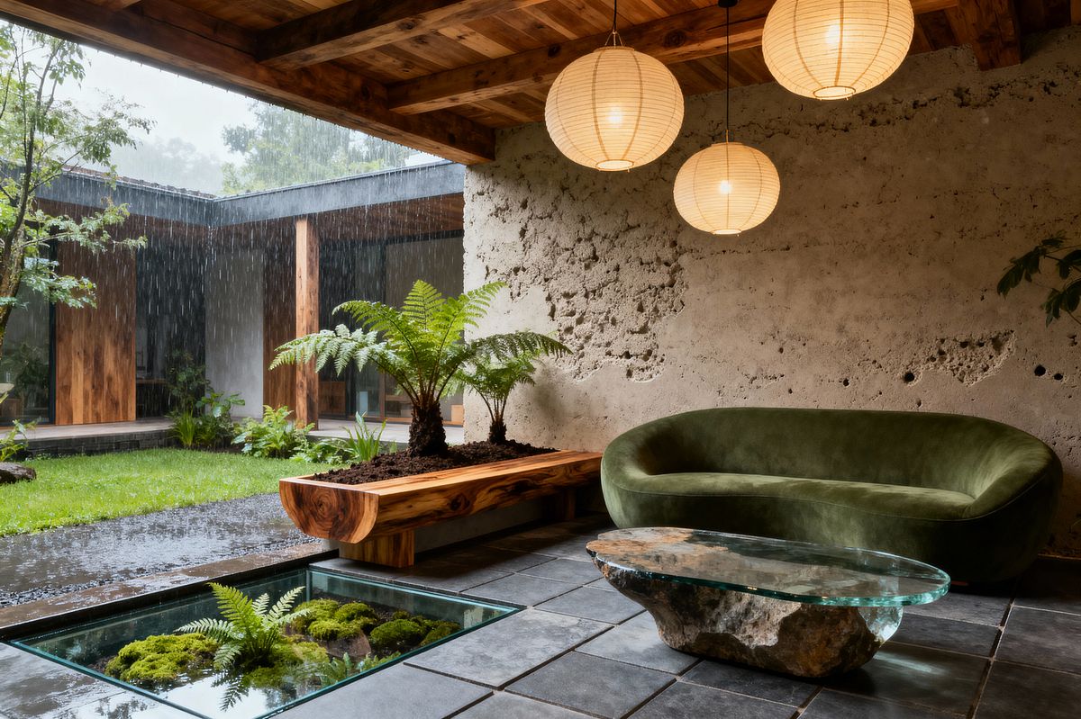 Room AI – Courtyard Living Room with Ferns and Moss - Interior Design