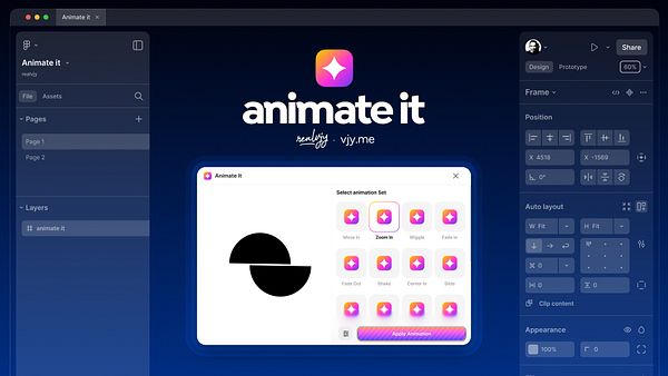 The image displays a user interface for the 'Animate It' Figma plugin.