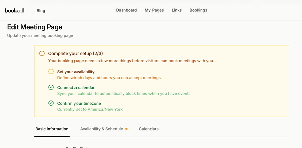 Screenshot of a meeting page setup wizard interface for selecting and configuring individual calendars with options for booking pages and integration.
