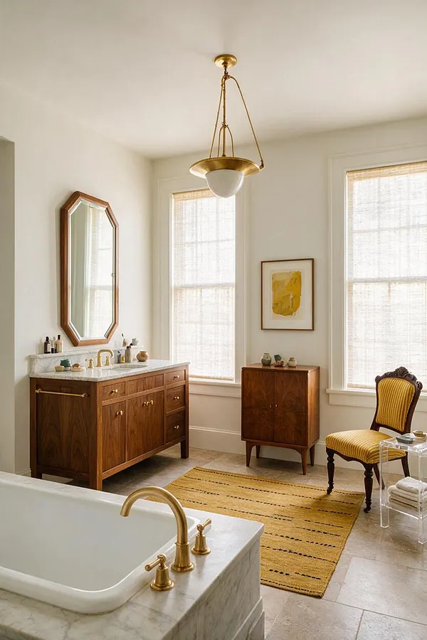 A bright eclectic bathroom with a marble bathtub in the foreground, brass fixtures, a walnut vanity with a mirrored medicine cabinet, and tall windows with woven shades. A yellow upholstered chair, matching rug, and framed wall art add vintage character and warmth.