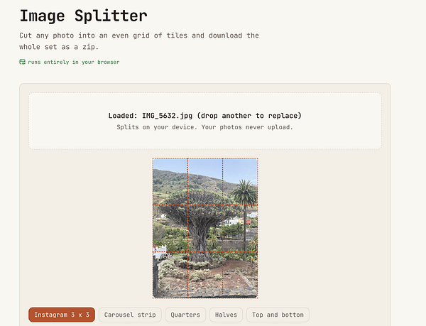Screenshot of an Instagram post editing interface showing an image split into nine tiled sections.