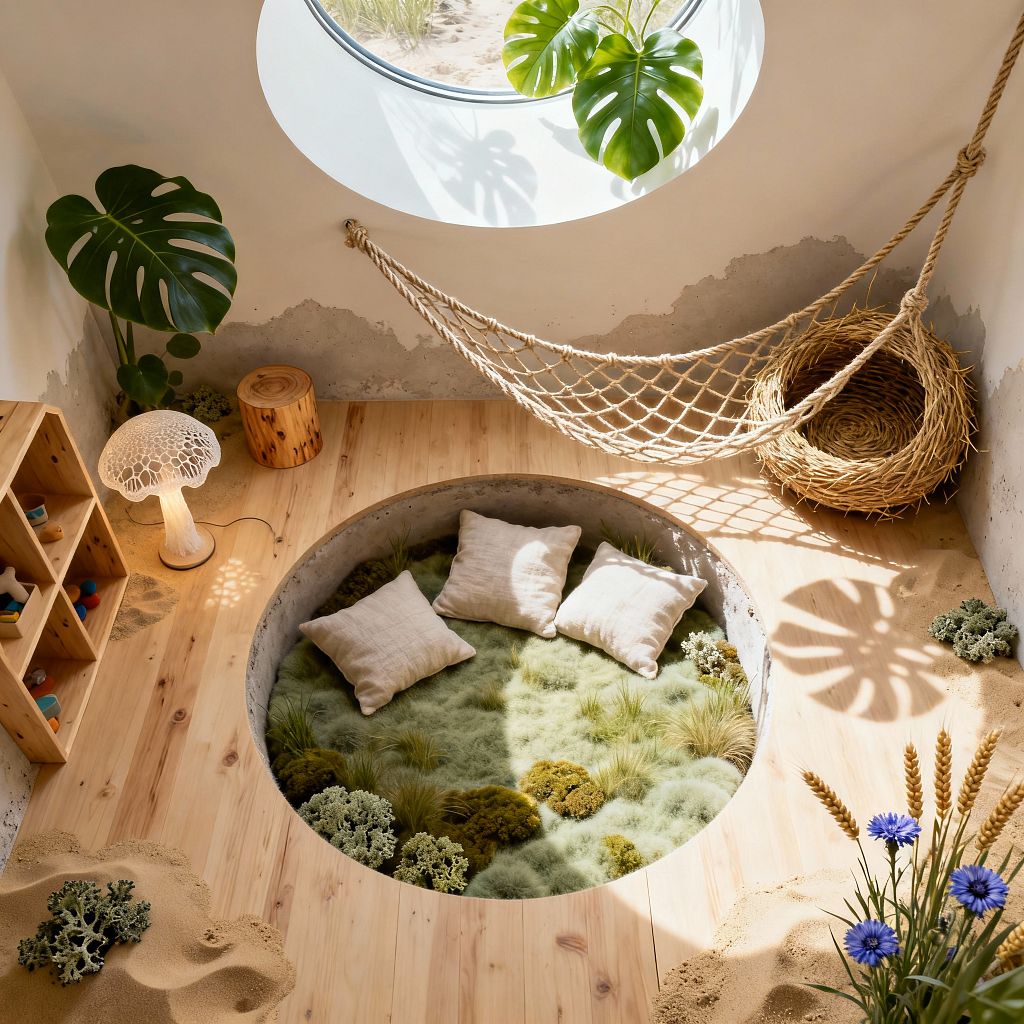 A light-filled children’s room features a circular porthole window, pale wood floors, and a concrete-ringed sunken pit lined with moss-like greenery and three linen pillows. A rope hammock hangs above a large woven nest basket, with a low cubby shelf, a stump stool, and a sculptural mushroom lamp nearby. Sand mounds, preserved plants, and a monstera add texture, while soft daylight casts leaf shadows across the neutral walls.