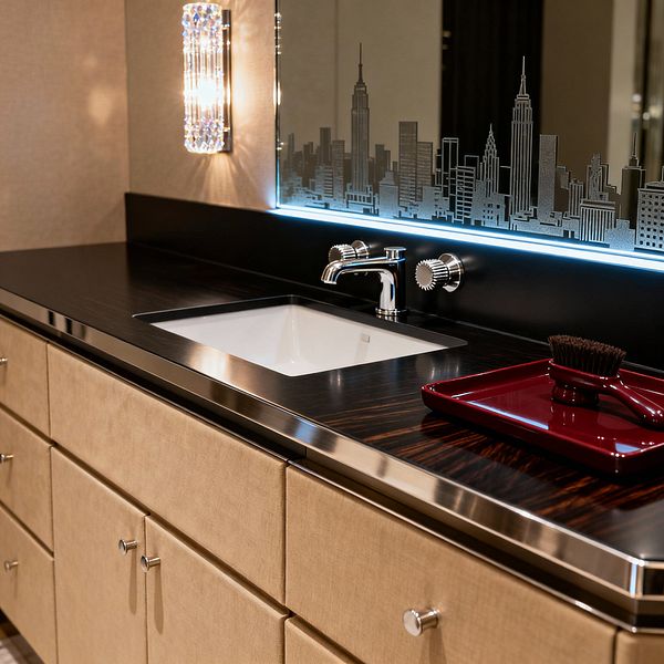 An Art Deco-inspired laundry sink area with a dark, striped wood countertop edged in polished chrome and a rectangular white undermount basin, paired with a chrome faucet and knurled round handles. A backlit mirror etched with a city skyline sits above a black backsplash, flanked by a crystal wall sconce; below, beige textured cabinetry with chrome knobs provides storage, while a burgundy lacquer tray and black brush add bold contrast.