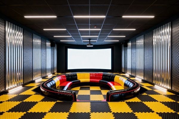 A contemporary media room with a large framed projection screen and ceiling‑mounted projector. A sunken circular sectional in glossy red, yellow, and black upholstery anchors the space. The floor is a yellow‑and‑black checkerboard of interlocking textured tiles. Walls mix perforated and corrugated steel panels with low wall‑wash lighting, while a black acoustic ceiling grid with linear LED strips provides even illumination, creating a bold Pop Art–inspired theater.
