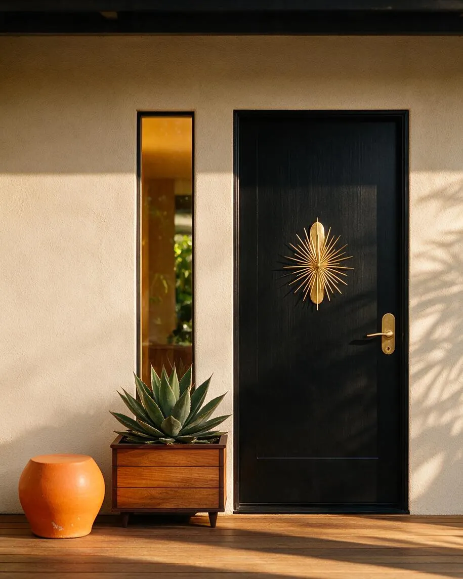 A Mid-Century Modern exterior entryway with a matte black front door, brass sunburst door medallion, and slim vertical window beside it. The wall is warm beige stucco, with a wood planter holding an agave and an orange ceramic stool on the wooden porch.